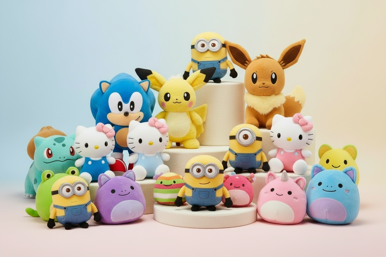 pokemon and hello kitty and sonic plushies